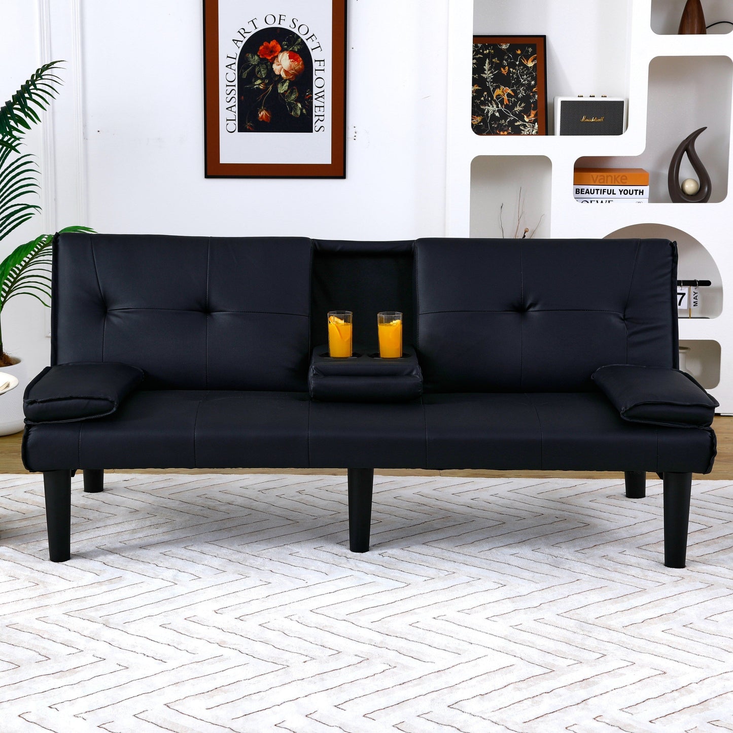Divano letto multifunzionale in PVC nero da 67 pollici con design pieghevole e portabicchieri