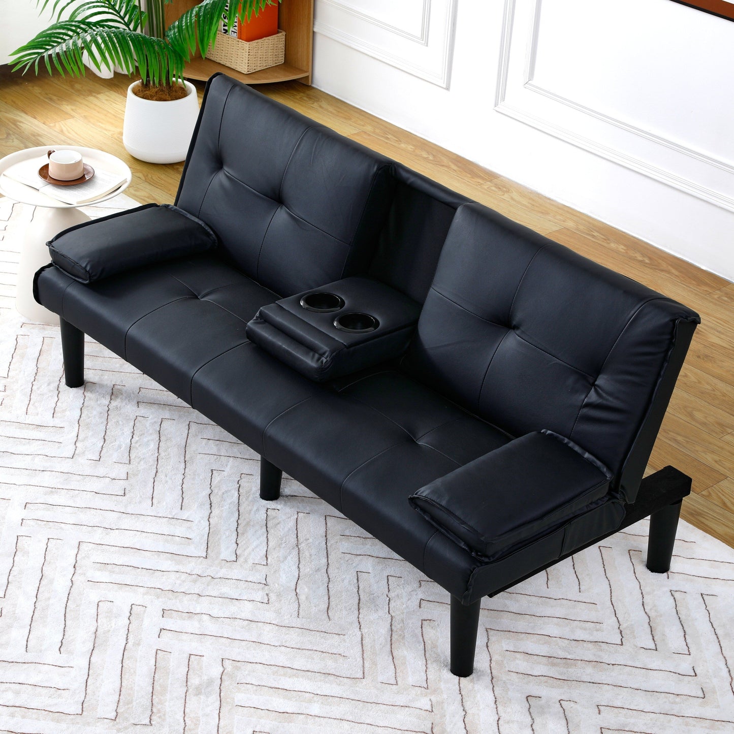 Divano letto multifunzionale in PVC nero da 67 pollici con design pieghevole e portabicchieri
