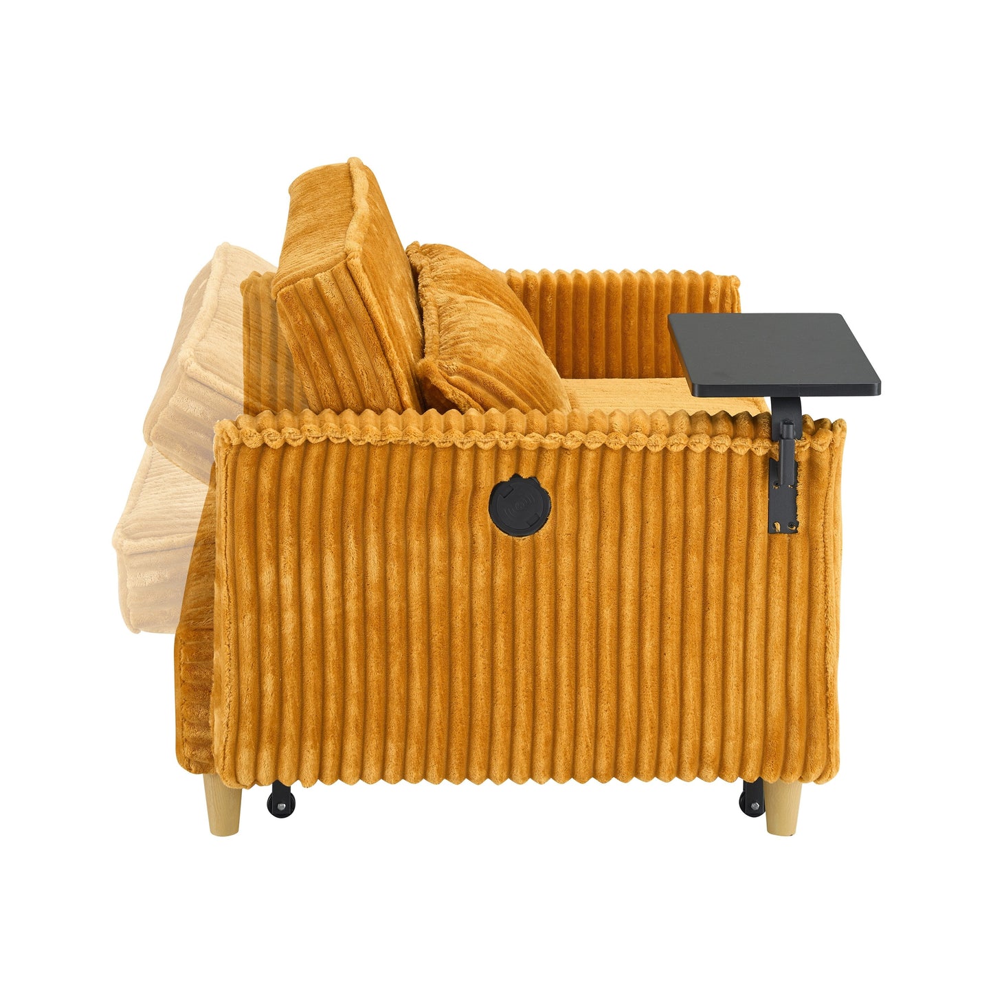 Il divano in velluto a coste estraibile e a scomparsa con doppia funzione, dotato di un piano del tavolo mobile e porte USB, è adatto