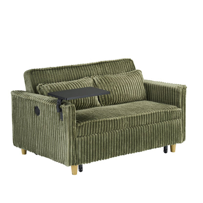 Divano in velluto a coste verde estraibile e removibile con doppia funzione, dotato di piano d'appoggio mobile e porte USB