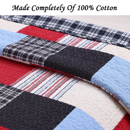 Set di biancheria da letto matrimoniale con trapunta patchwork a quadri blu e rossi Thomas Firetruck