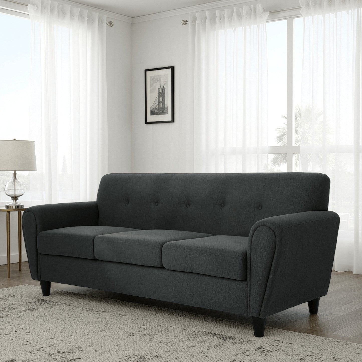 Divano Tiya, schienale imbottito con bottoni, sedute a scatola, rivestimento in tessuto grigio, 79 pollici