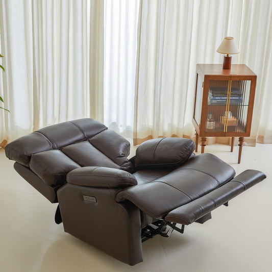 Poltrona reclinabile elettrica in pelle pieno fiore, poggiatesta regolabile, poggiapiedi estensibile, poltrona reclinabile a gravità zero
