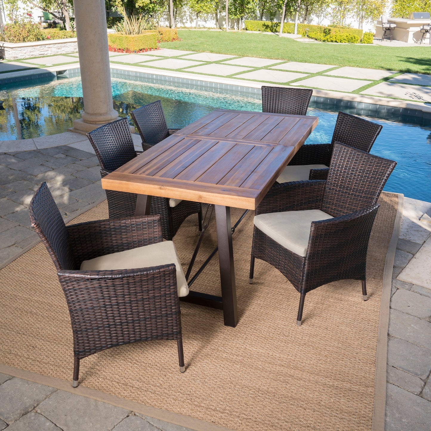 Set da pranzo Torrens Outdoor in vimini/legno di acacia da 7 pezzi di Christopher Knight Home