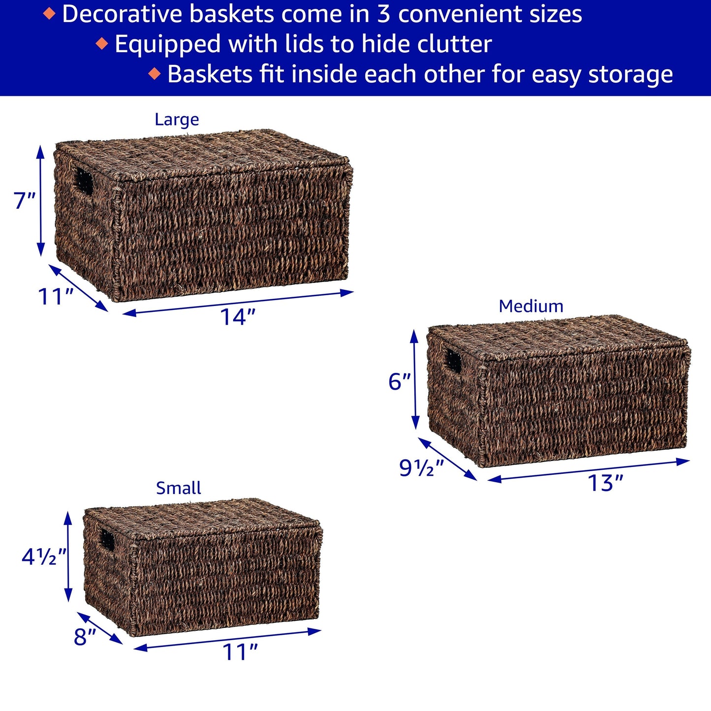 Trademark Innovations Set di 3 cestini rettangolari in alghe marine con coperchio (piccoli)