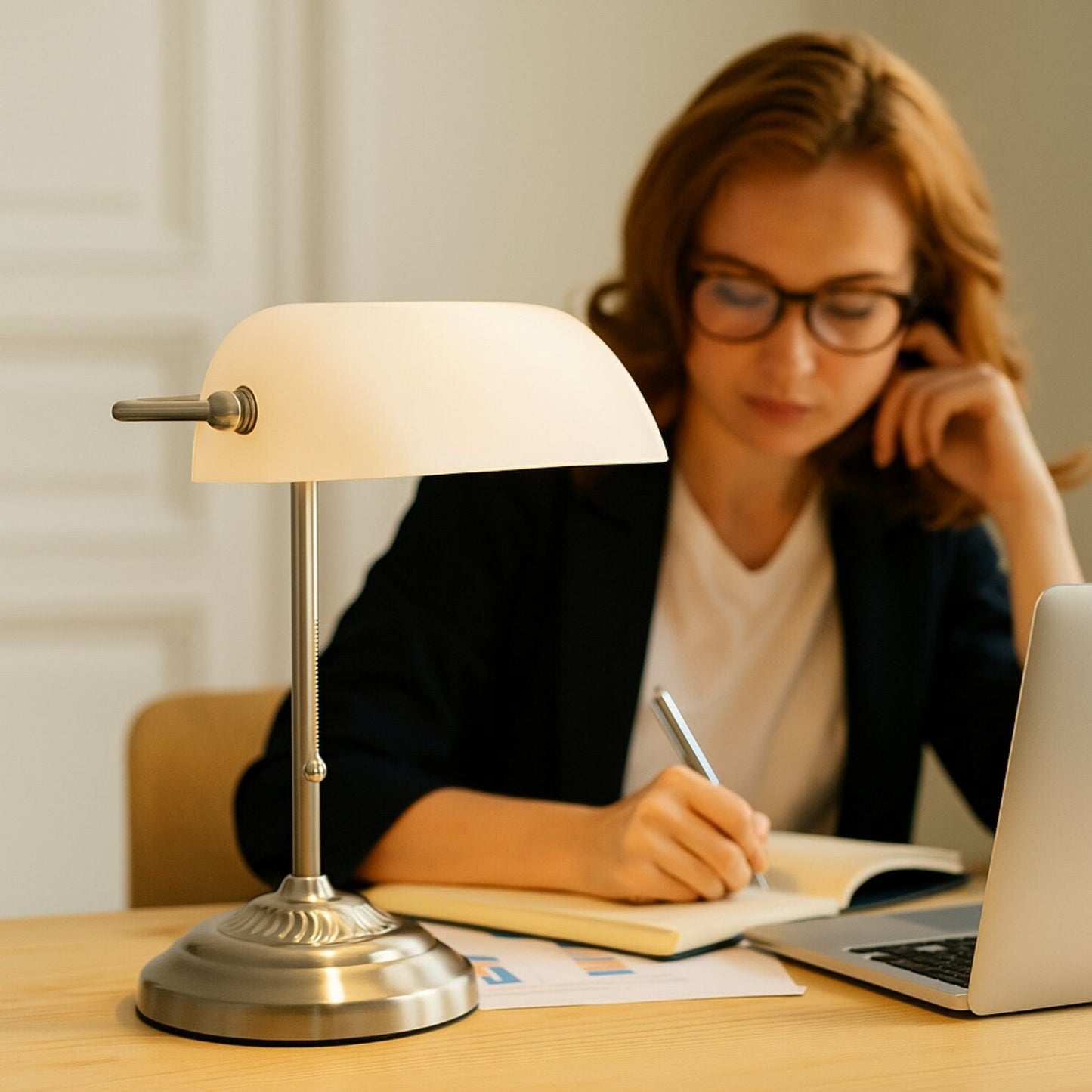 Lampada da scrivania tradizionale da banchiere con paralume in vetro verde