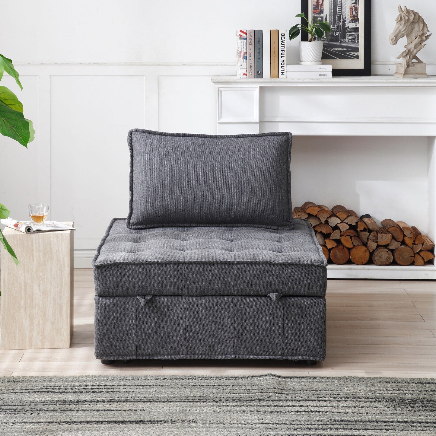 Divano letto trasformabile in lino - Elegante pouf con schienale rimovibile per un comfort extra