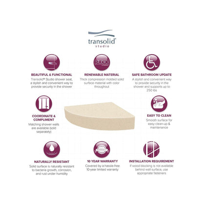 Sedile angolare per doccia Transolid Studio da 14 pollici x 14 pollici in superficie solida, montaggio a parete - 14,5 x 14,25 x 3