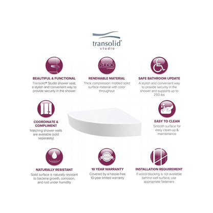 Sedile angolare per doccia Transolid Studio da 14 pollici x 14 pollici in superficie solida, montaggio a parete - 14,5 x 14,25 x 3