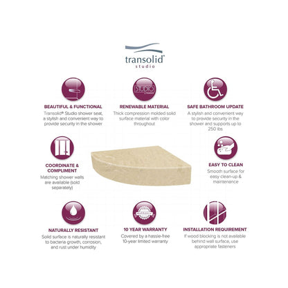 Sedile angolare per doccia Transolid Studio da 14 pollici x 14 pollici in superficie solida, montaggio a parete - 14,5 x 14,25 x 3