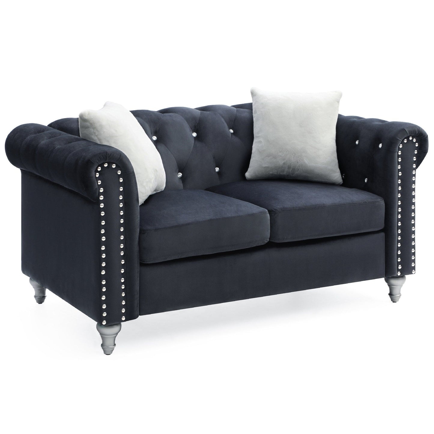 Divano a 2 posti in velluto finto gioiello trapuntato con cuscini decorativi - 60 - Nero