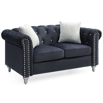 Divano a 2 posti in velluto finto gioiello trapuntato con cuscini decorativi - 60 - Nero