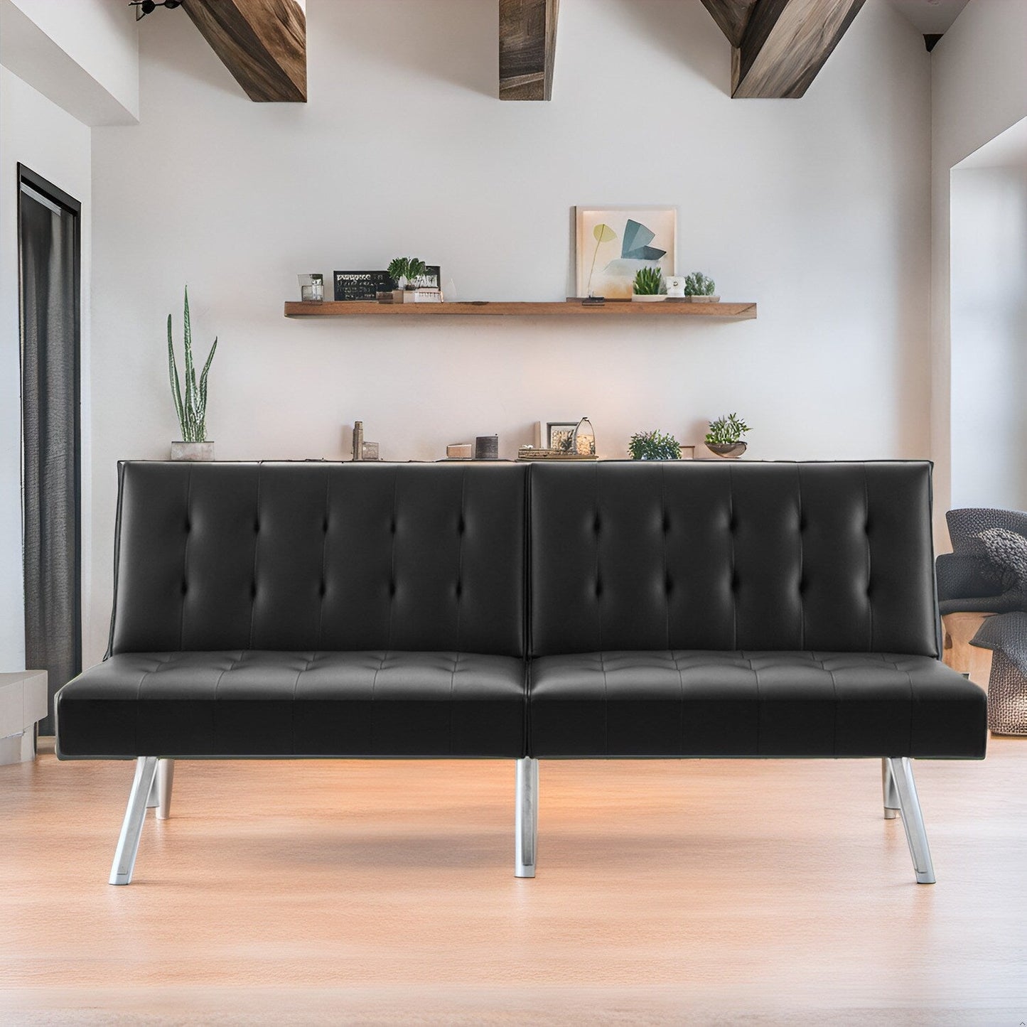 Divano letto futon imbottito in stile moderno di metà secolo con schienale diviso e gambe cromate