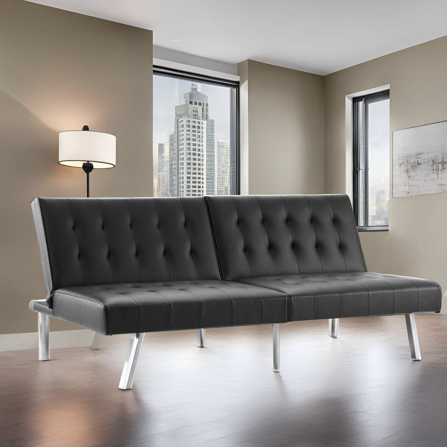 Divano letto futon imbottito in stile moderno di metà secolo con schienale diviso e gambe cromate