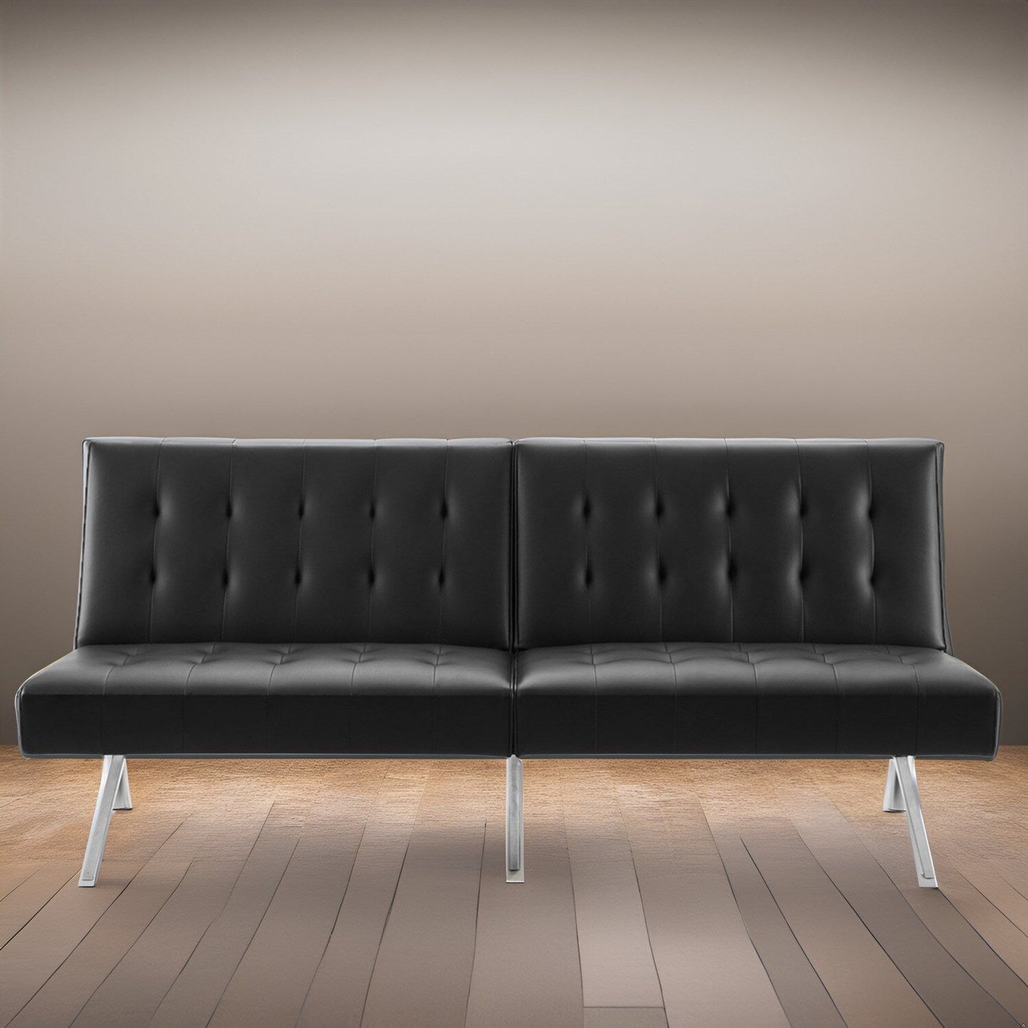 Divano letto futon imbottito in stile moderno di metà secolo con schienale diviso e gambe cromate