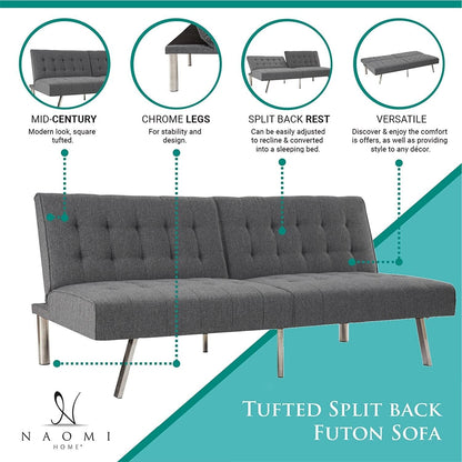 Divano letto futon imbottito in stile moderno di metà secolo con schienale diviso e gambe cromate