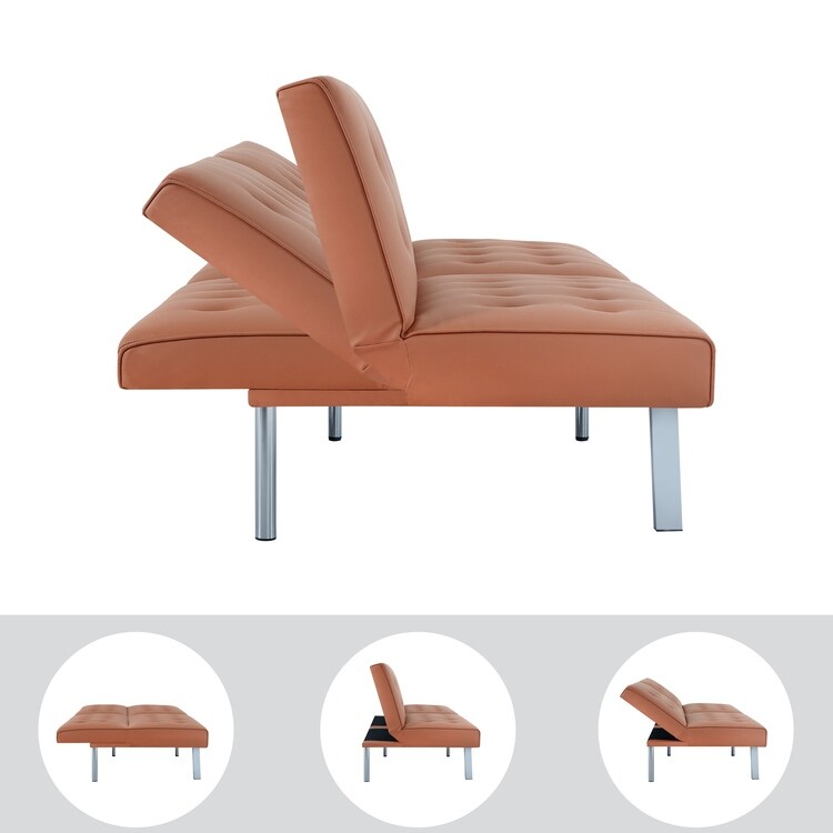 Divano letto futon imbottito in stile moderno di metà secolo con schienale diviso e gambe cromate