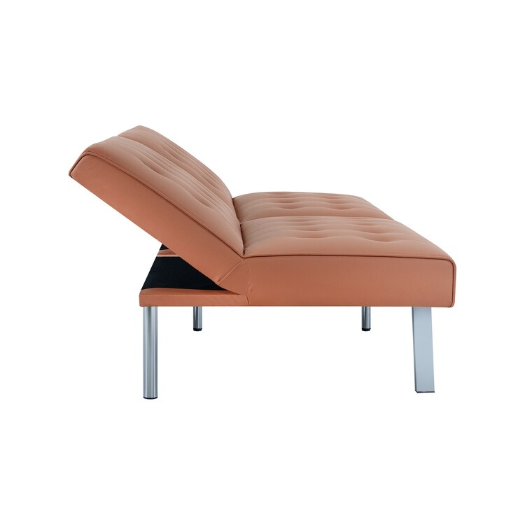 Divano letto futon imbottito in stile moderno di metà secolo con schienale diviso e gambe cromate