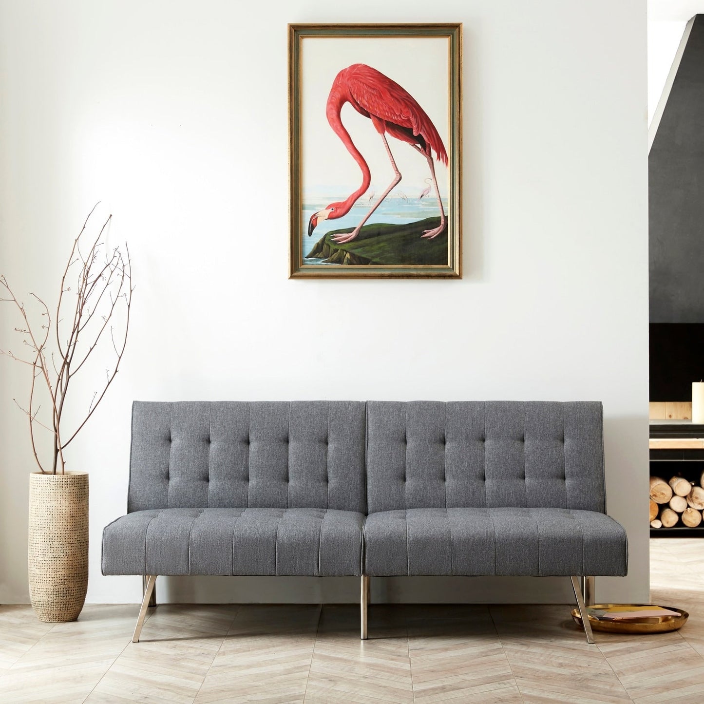 Divano letto futon imbottito in stile moderno di metà secolo con schienale diviso e gambe cromate