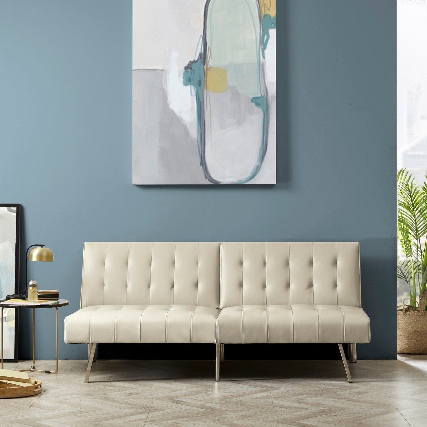 Divano letto futon imbottito in stile moderno di metà secolo con schienale diviso e gambe cromate