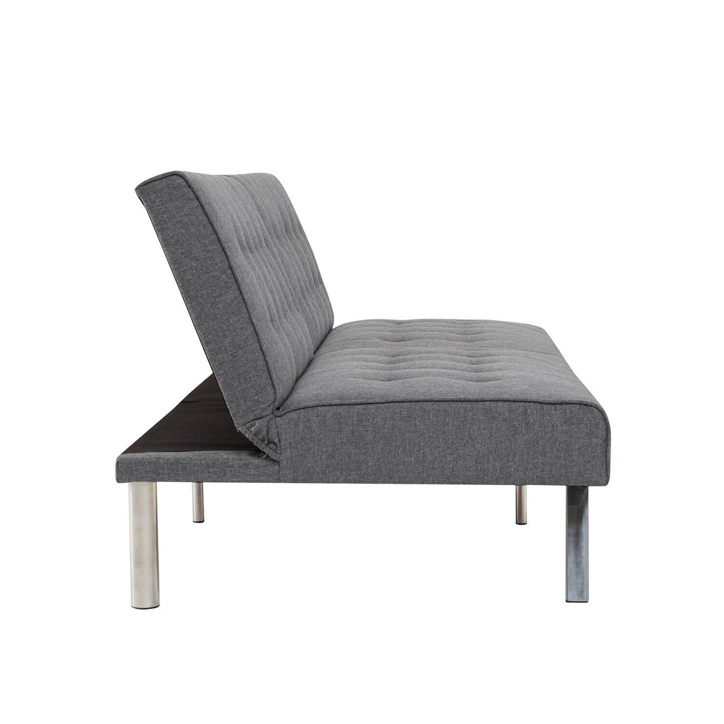 Divano letto futon imbottito in stile moderno di metà secolo con schienale diviso e gambe cromate