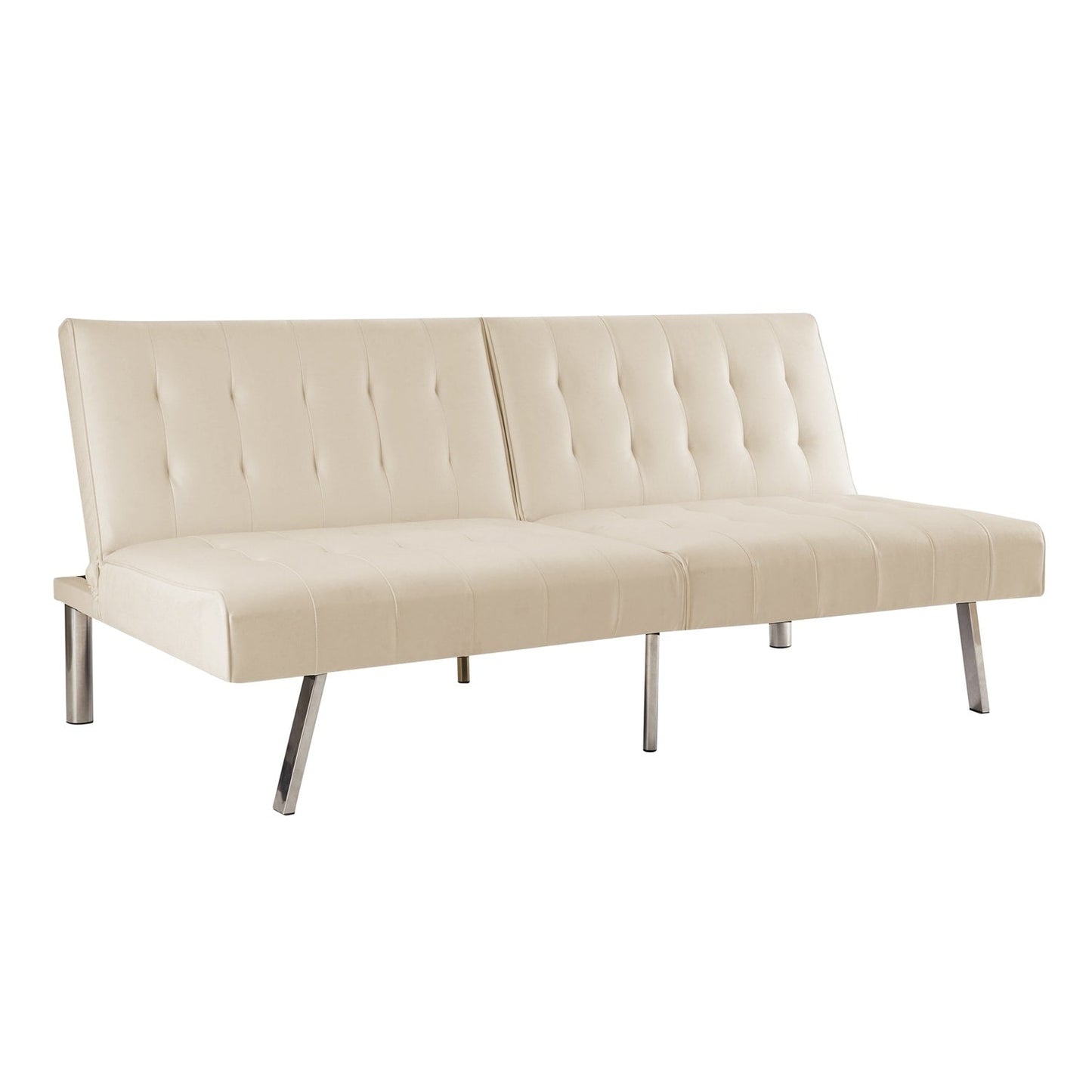 Divano letto futon imbottito in stile moderno di metà secolo con schienale diviso e gambe cromate