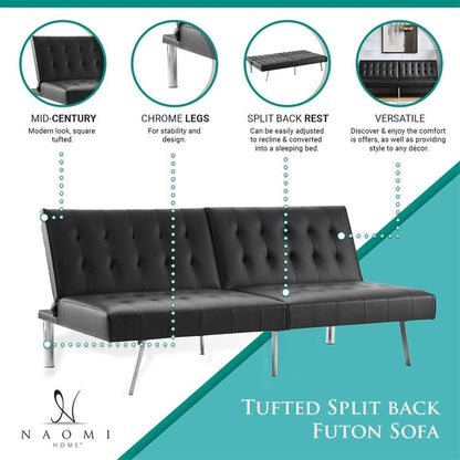 Divano letto futon imbottito in stile moderno di metà secolo con schienale diviso e gambe cromate