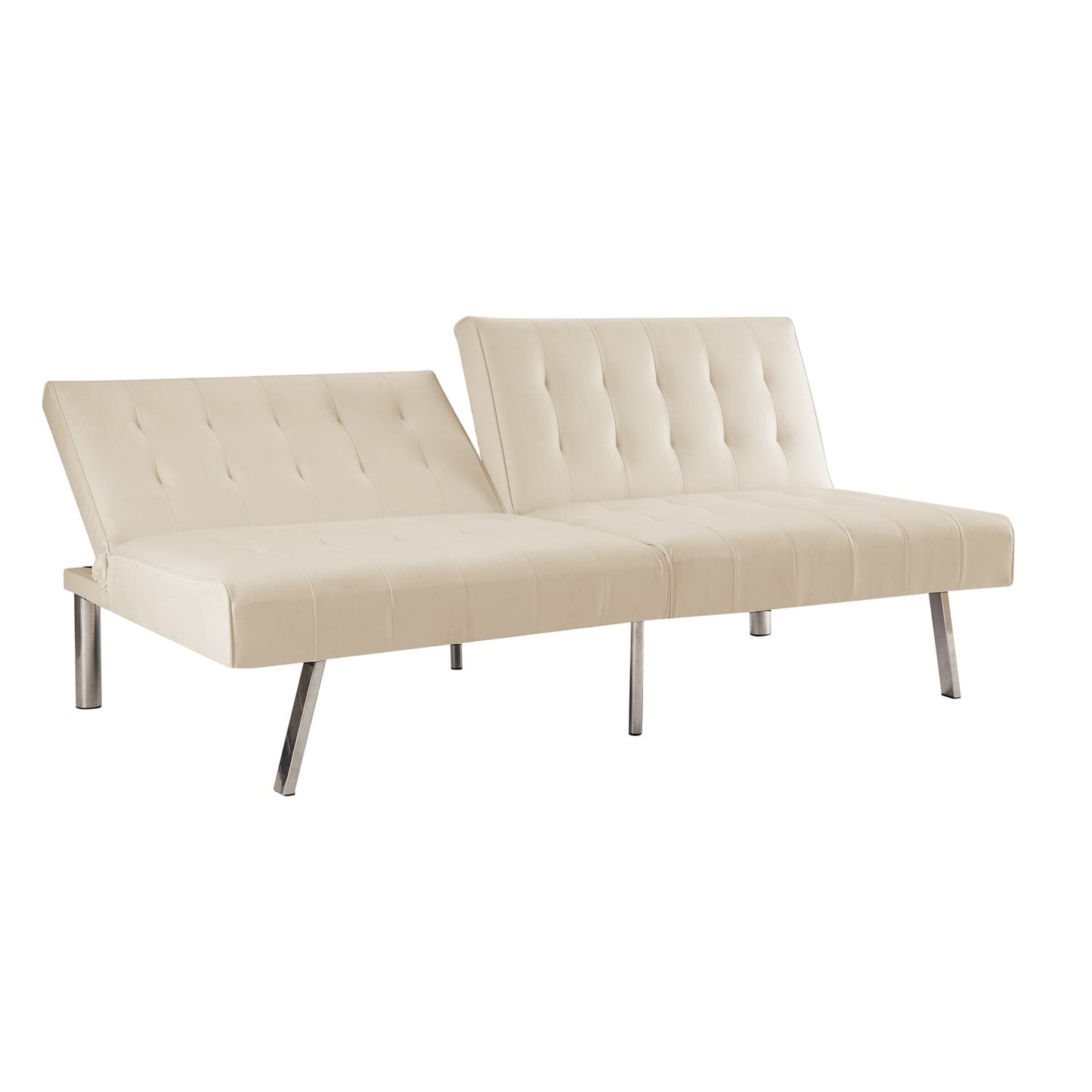 Divano letto futon imbottito in stile moderno di metà secolo con schienale diviso e gambe cromate