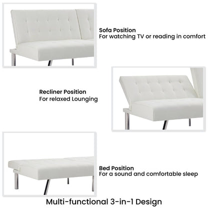 Divano letto futon imbottito in stile moderno di metà secolo con schienale diviso e gambe cromate