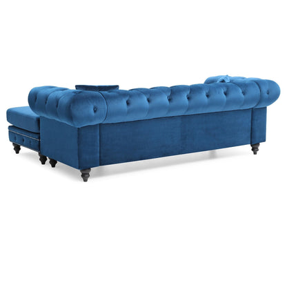 Divano componibile a 3 posti a L in velluto trapuntato con cuscini decorativi - 98 - Blu