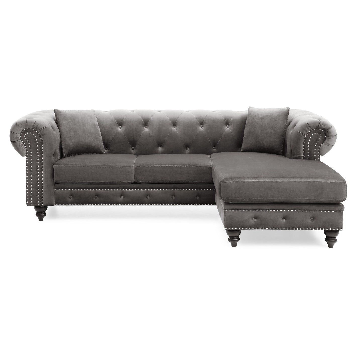 Divano componibile a 3 posti a L in velluto trapuntato con cuscini decorativi - 98 - Grigio scuro