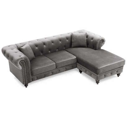 Divano componibile a 3 posti a L in velluto trapuntato con cuscini decorativi - 98 - Grigio scuro