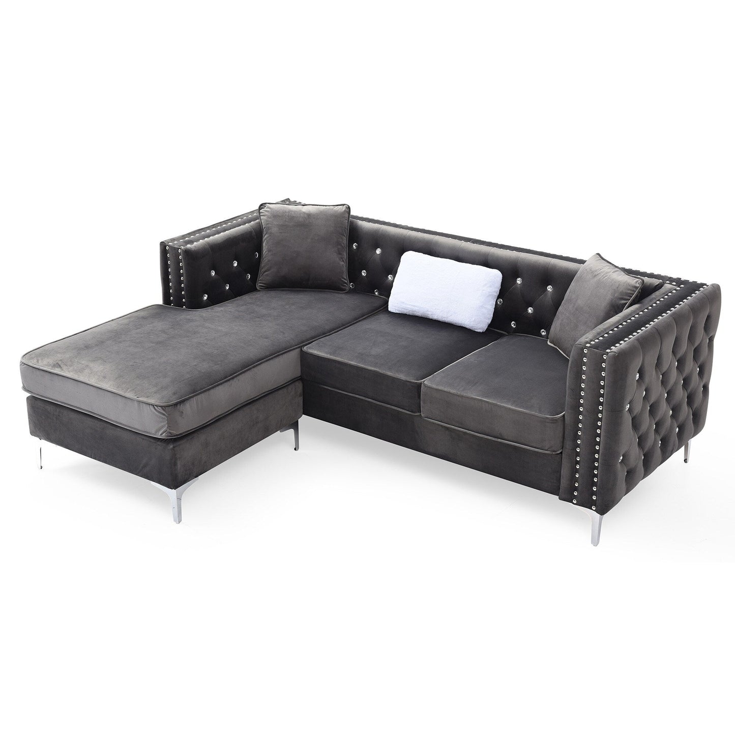 Divano a 3 posti a L in velluto trapuntato con cuscini decorativi - 87 - Grigio