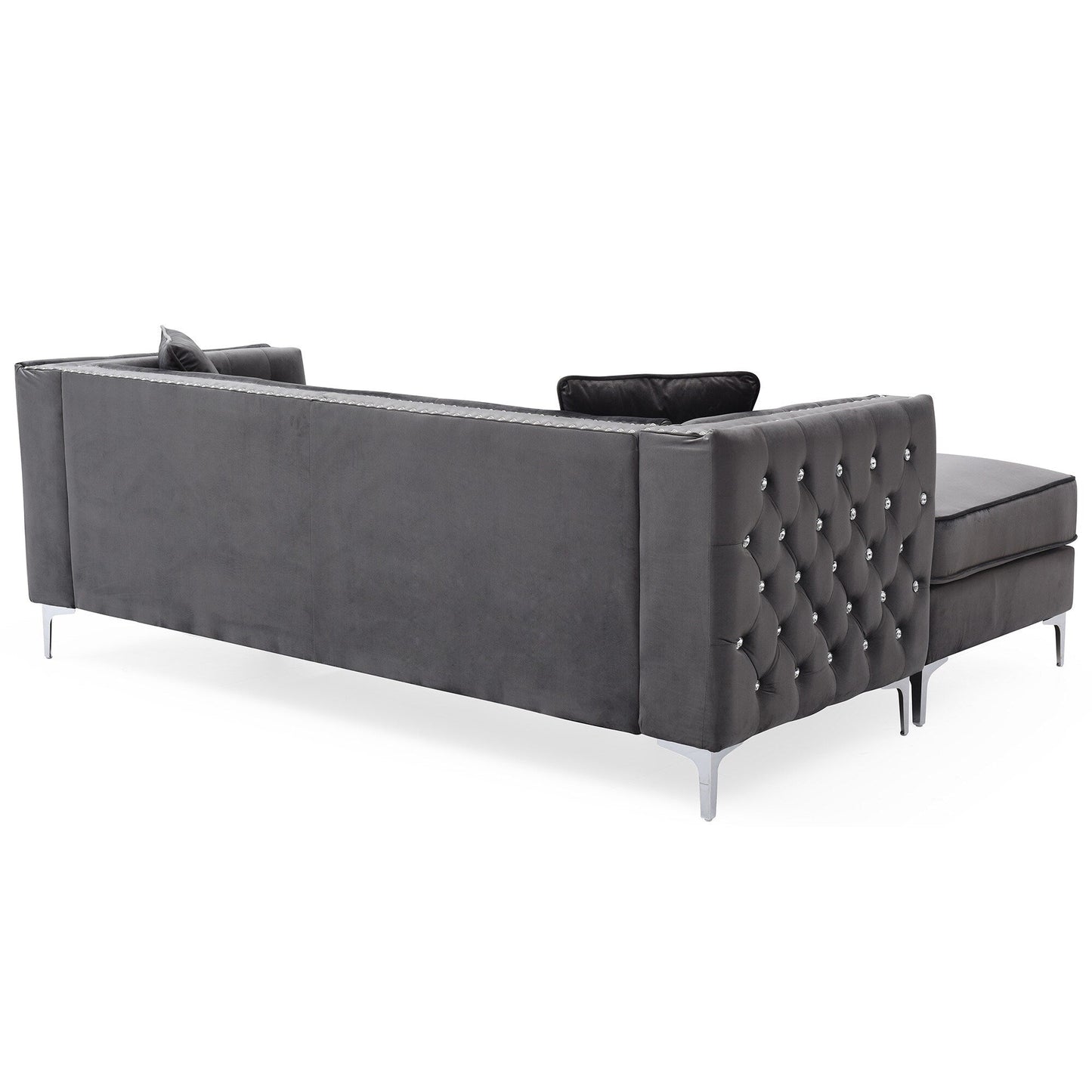 Divano a 3 posti a L in velluto trapuntato con cuscini decorativi - 87 - Grigio