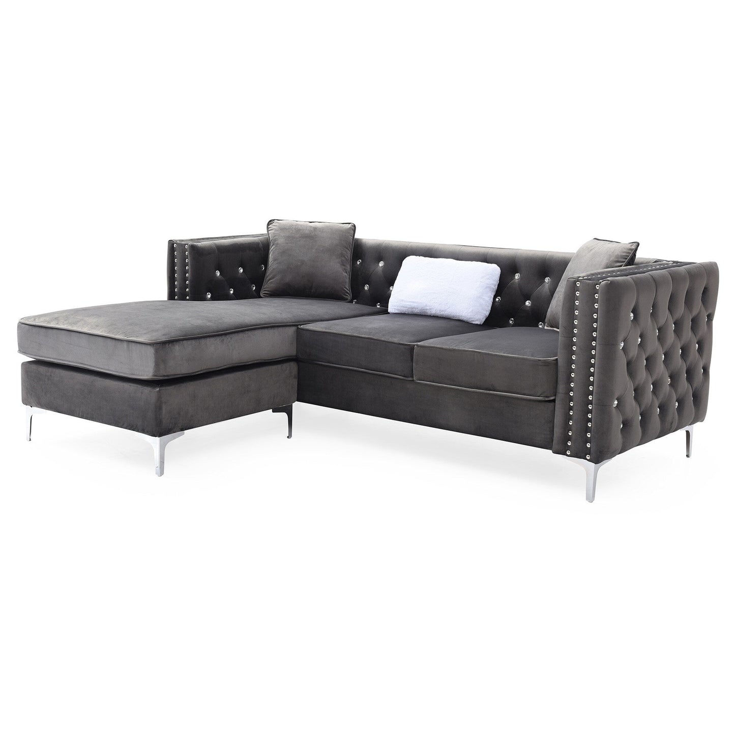 Divano a 3 posti a L in velluto trapuntato con cuscini decorativi - 87 - Grigio