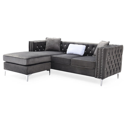 Divano a 3 posti a L in velluto trapuntato con cuscini decorativi - 87 - Grigio