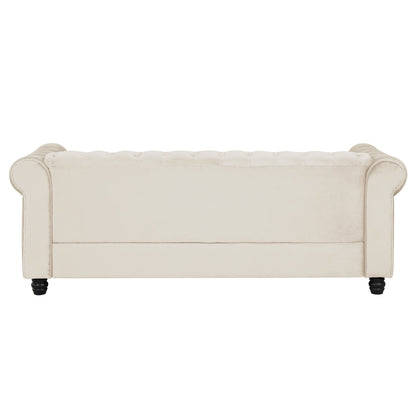 Divano Chesterfield imbottito in velluto Morden Fort con borchie e gambe solide per soggiorno