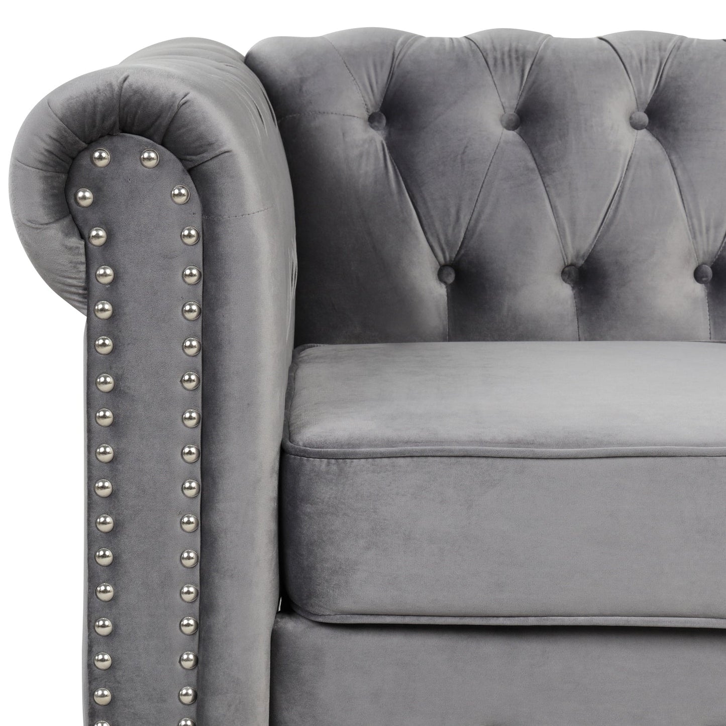 Divano Chesterfield imbottito in velluto Morden Fort con borchie e gambe solide per soggiorno