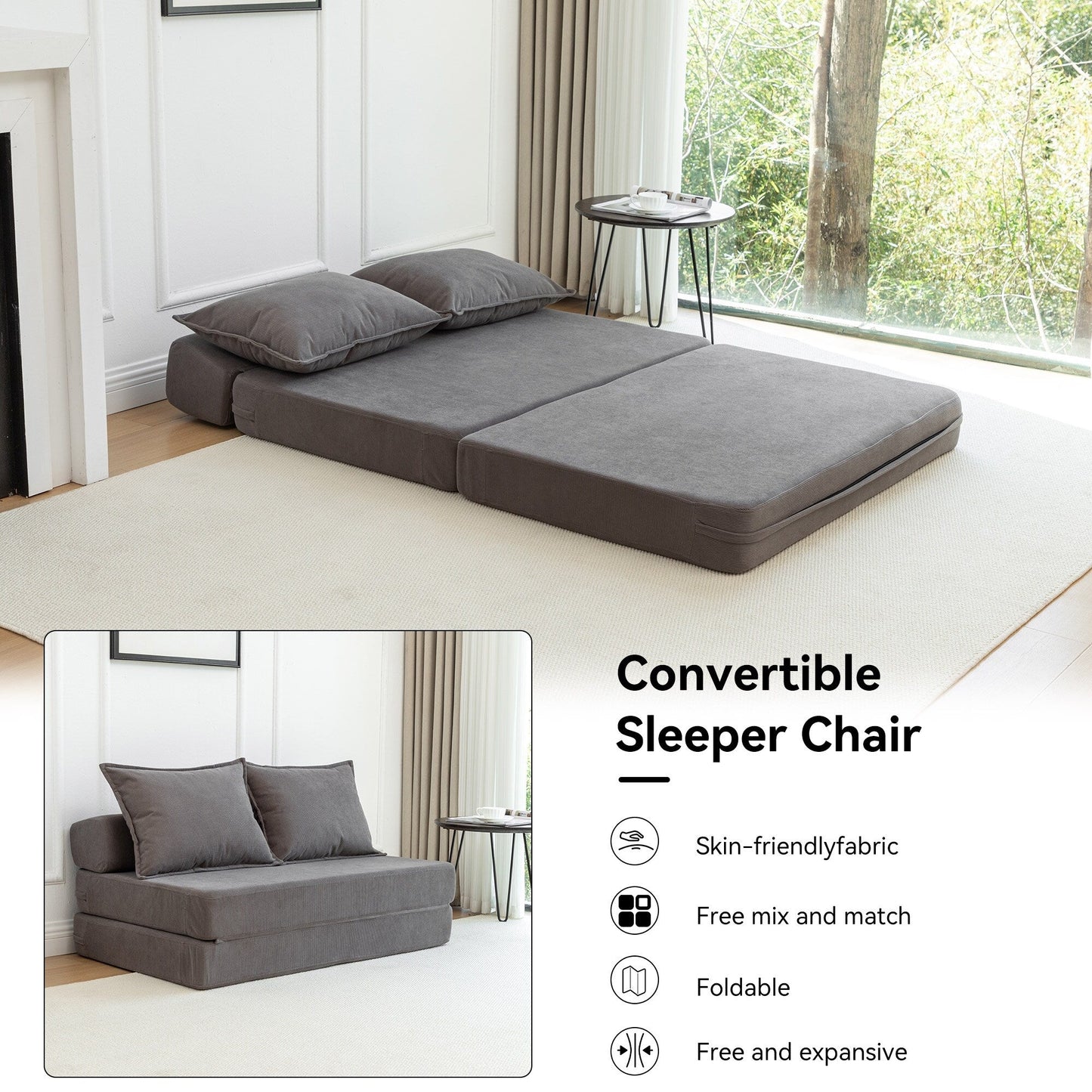 Divano letto convertibile doppio - Divano letto pieghevole multifunzionale con cuscino e schienale regolabile, ideale per dormitori/camere degli ospiti