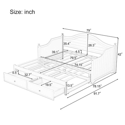 Divano letto matrimoniale in legno con cassetti contenitore, letto allungabile, divano letto in legno per soggiorno, camera degli ospiti