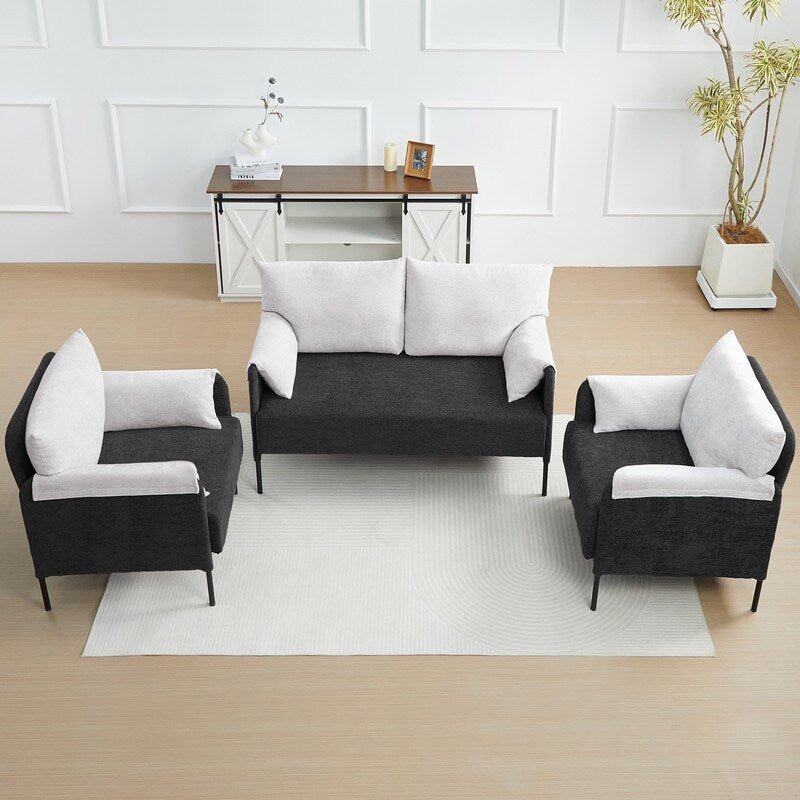 Divano a due posti bicolore con braccioli imbottiti