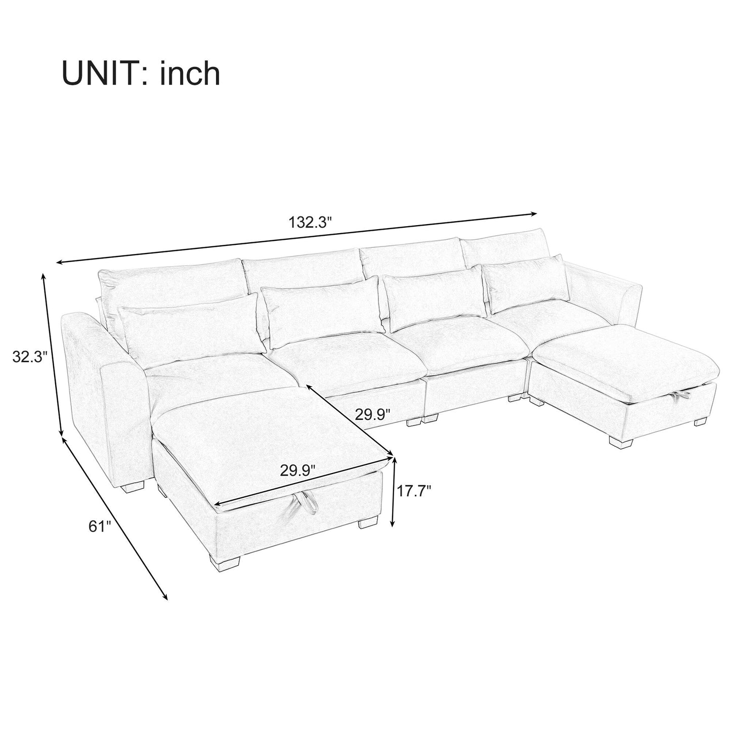 Divano componibile a 6 posti a forma di U rivestito in lino con 2 pouf contenitore mobili per home theater in soggiorno