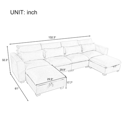 Divano componibile a 6 posti a forma di U rivestito in lino con 2 pouf contenitore mobili per home theater in soggiorno