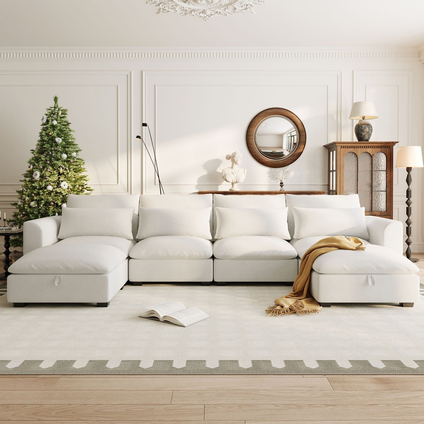 Divano componibile a 6 posti a forma di U rivestito in lino con 2 pouf contenitore mobili per home theater in soggiorno