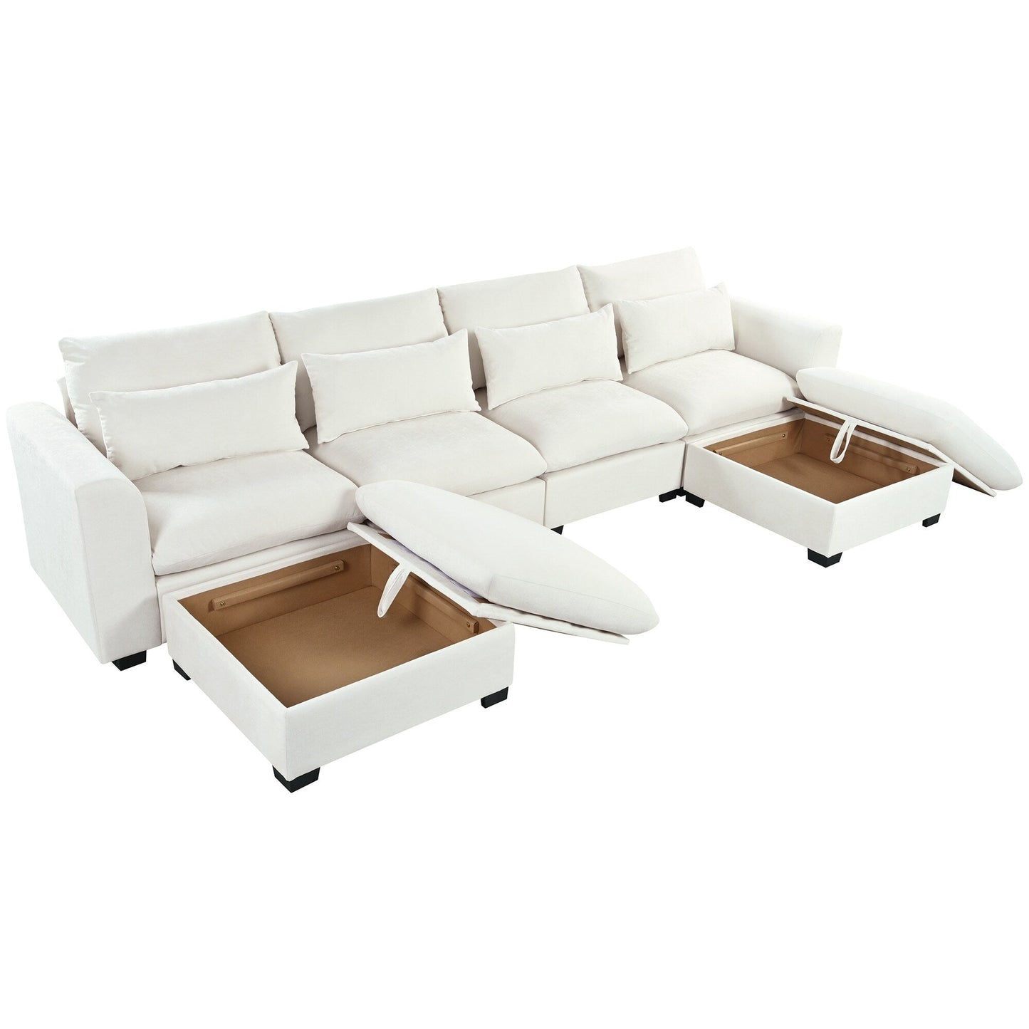 Divano componibile a 6 posti a forma di U rivestito in lino con 2 pouf contenitore mobili per home theater in soggiorno