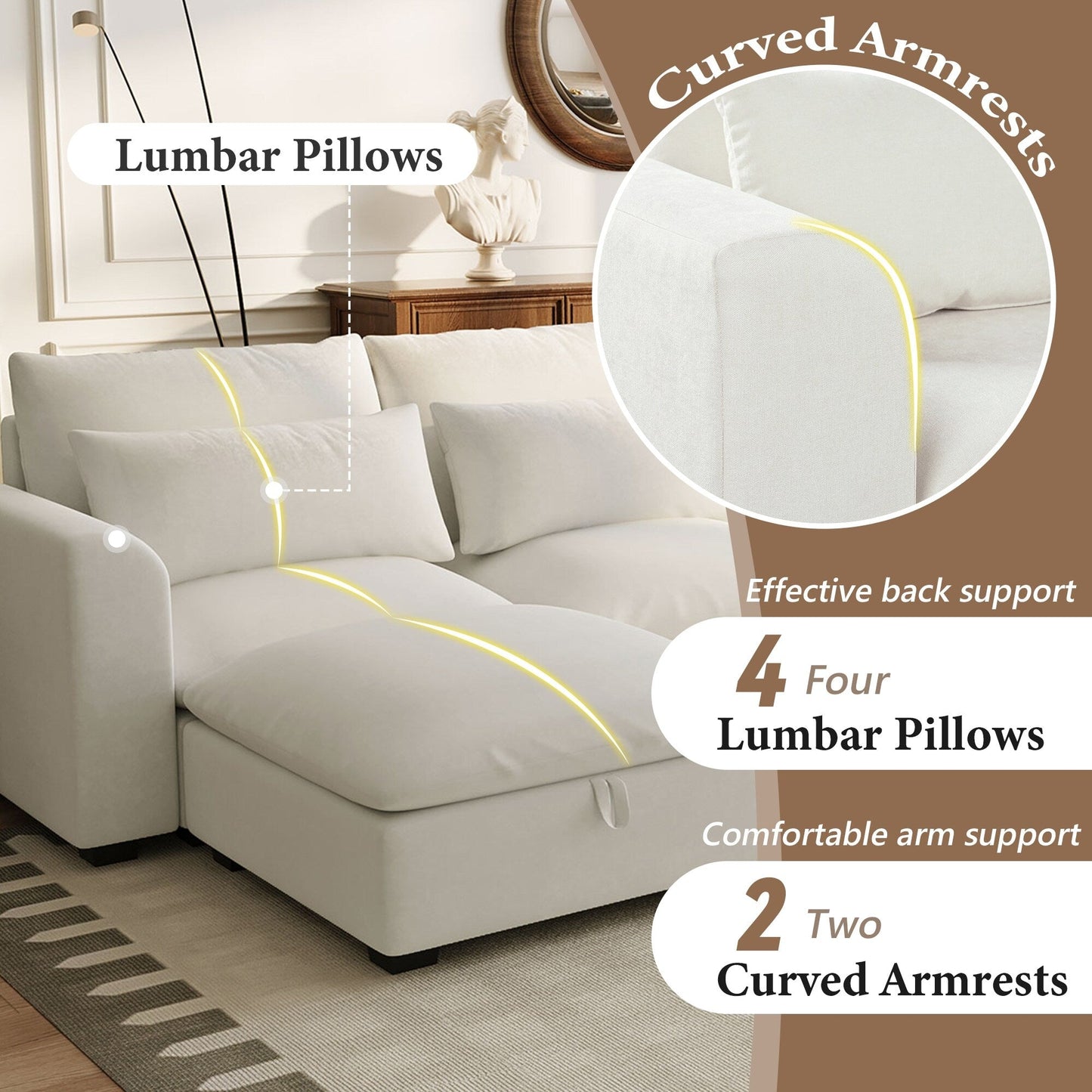 Divano componibile a 6 posti a forma di U rivestito in lino con 2 pouf contenitore mobili per home theater in soggiorno