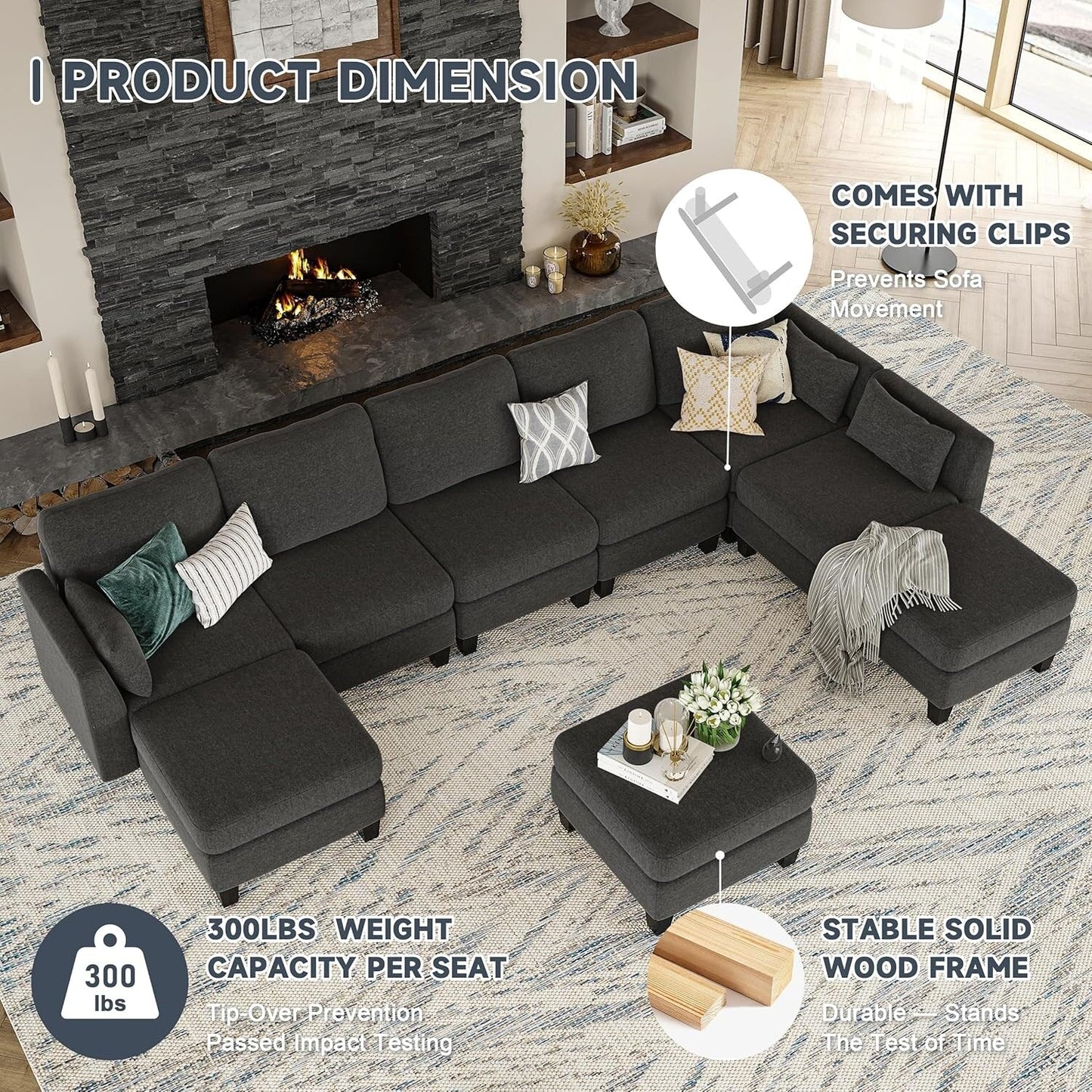 Divano componibile modulare a forma di U - Divano convertibile a 6 posti con memory foam ad alta densità, divano moderno e confortevole per il soggiorno