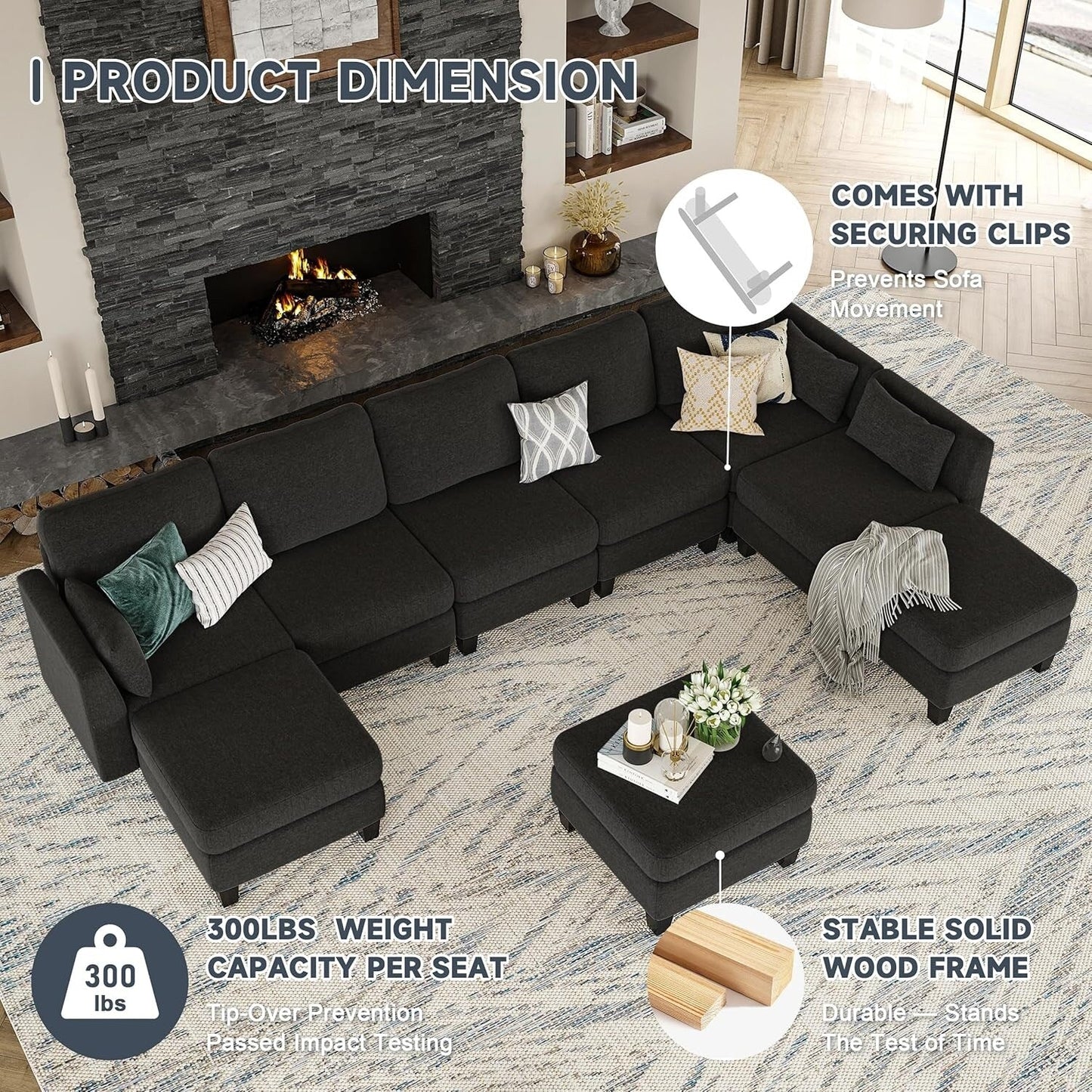 Divano componibile modulare a forma di U - Divano convertibile a 6 posti con memory foam ad alta densità, divano moderno e confortevole per il soggiorno