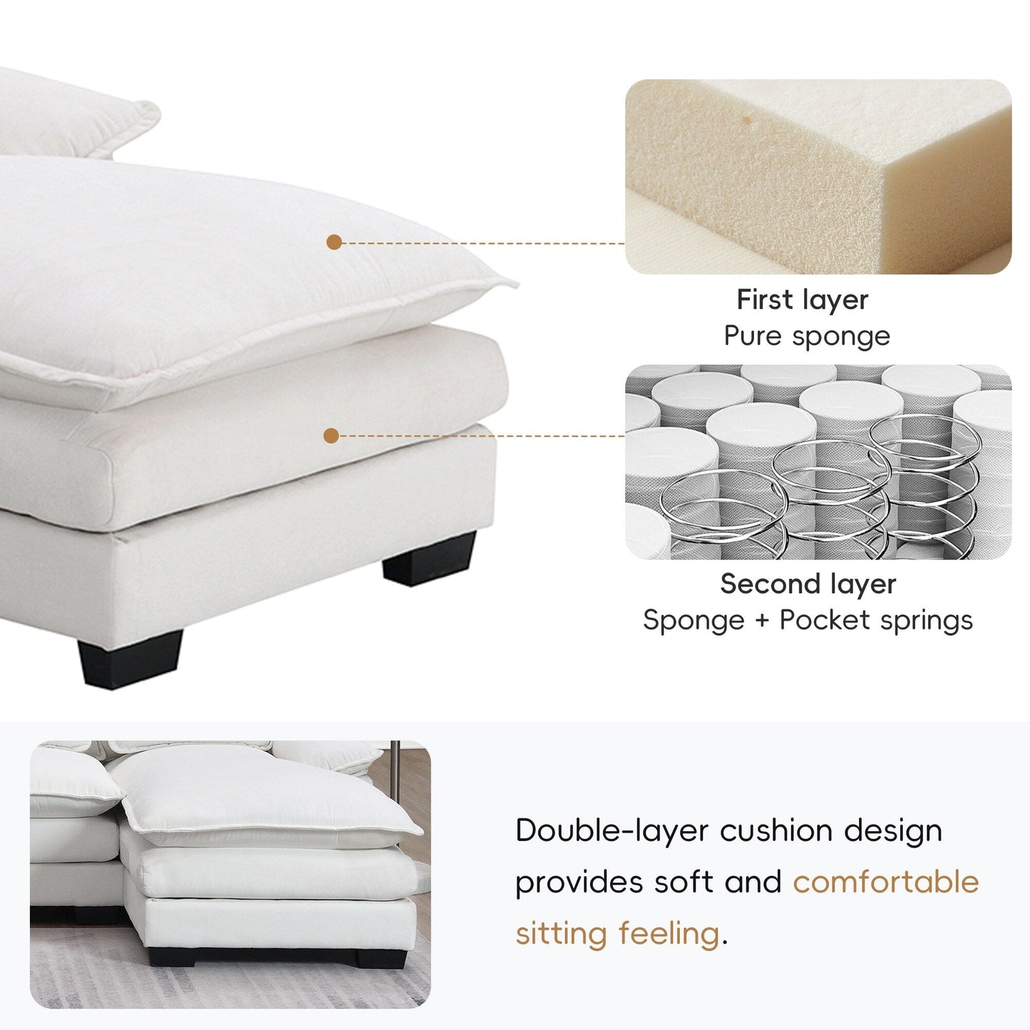 Divano componibile a U con cuscini in vita, divano simmetrico imbottito a 6 posti, divano letto con chaise longue