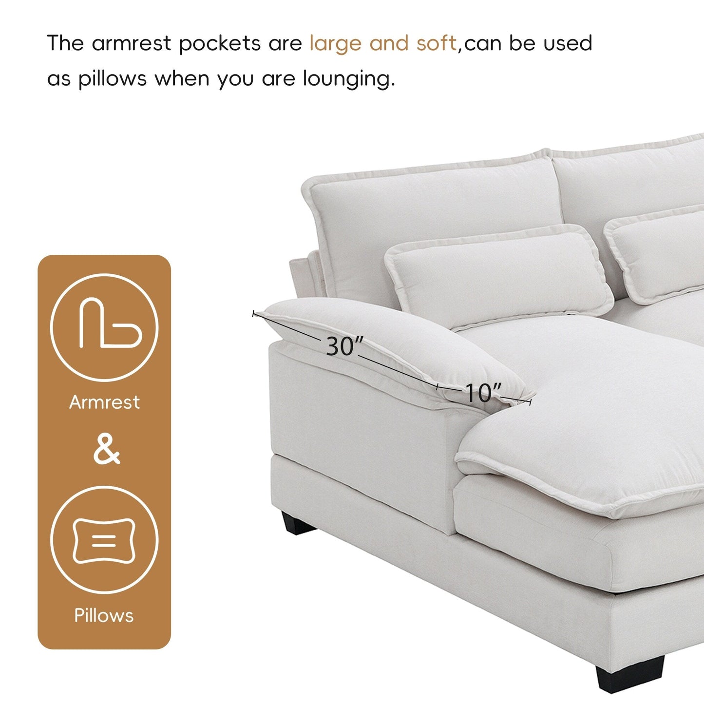 Divano componibile a U con cuscini in vita, divano simmetrico imbottito a 6 posti, divano letto con chaise longue